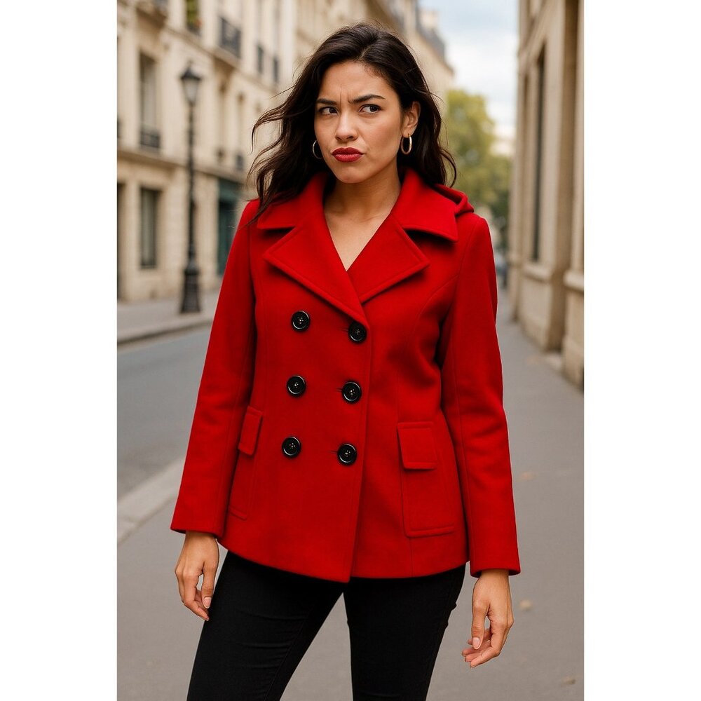 Croft&Barrow Size Large Double-Breasted Hooded Red Peacoat Jacket